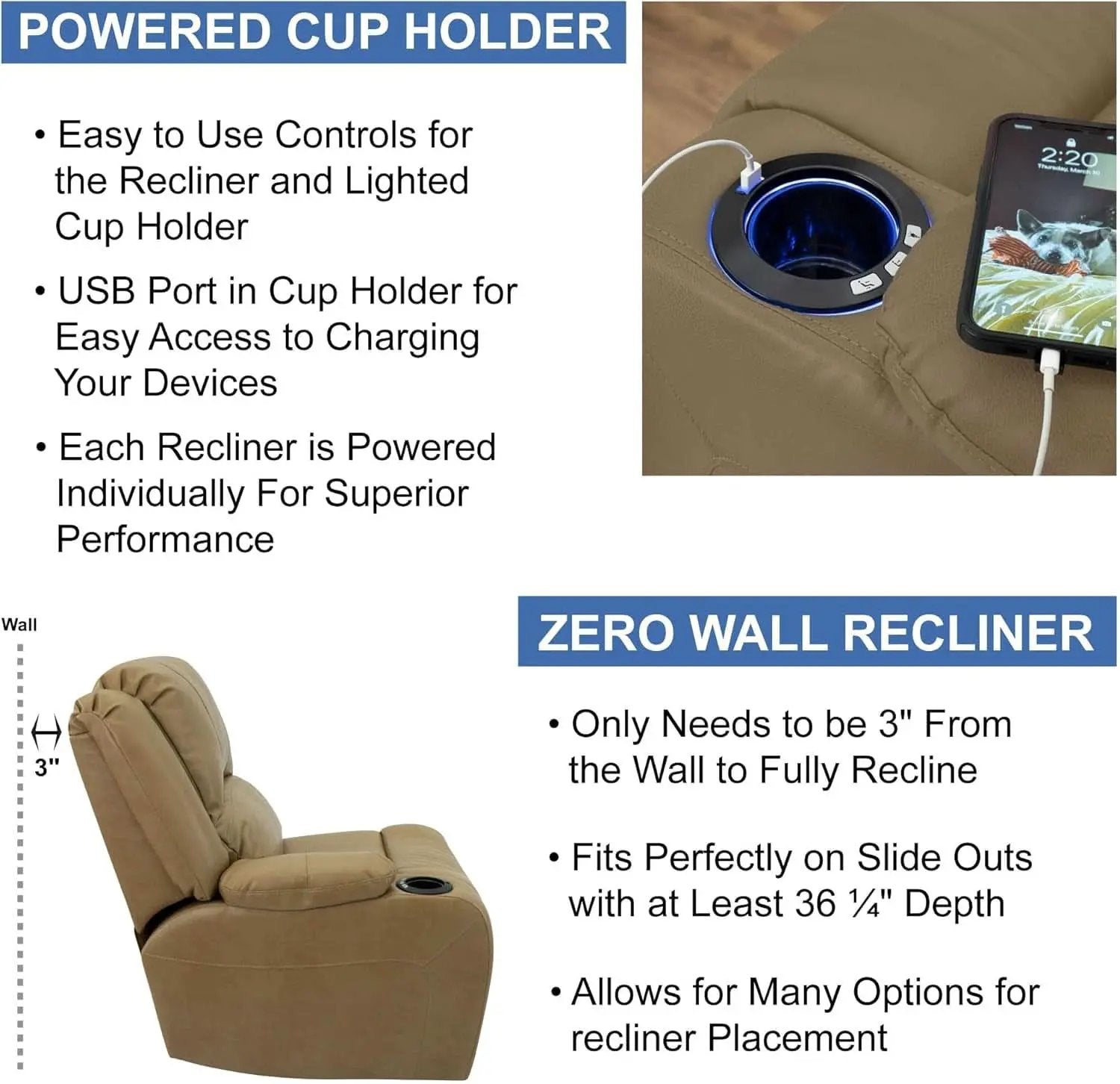 Charles 67 Inch Powered Double RV Wall Hugger Recliner Sofa from PriceLows™