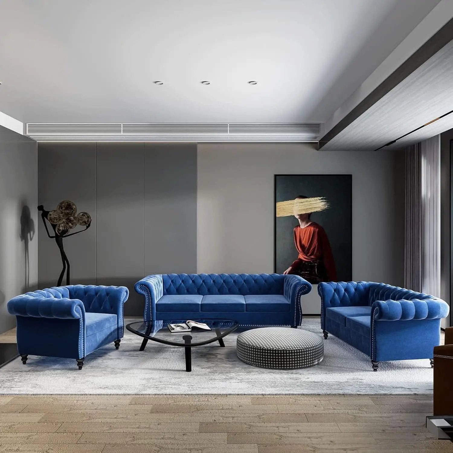 Blue Velvet 3 Piece Sectional Sofa Set With Tufting from PriceLows™