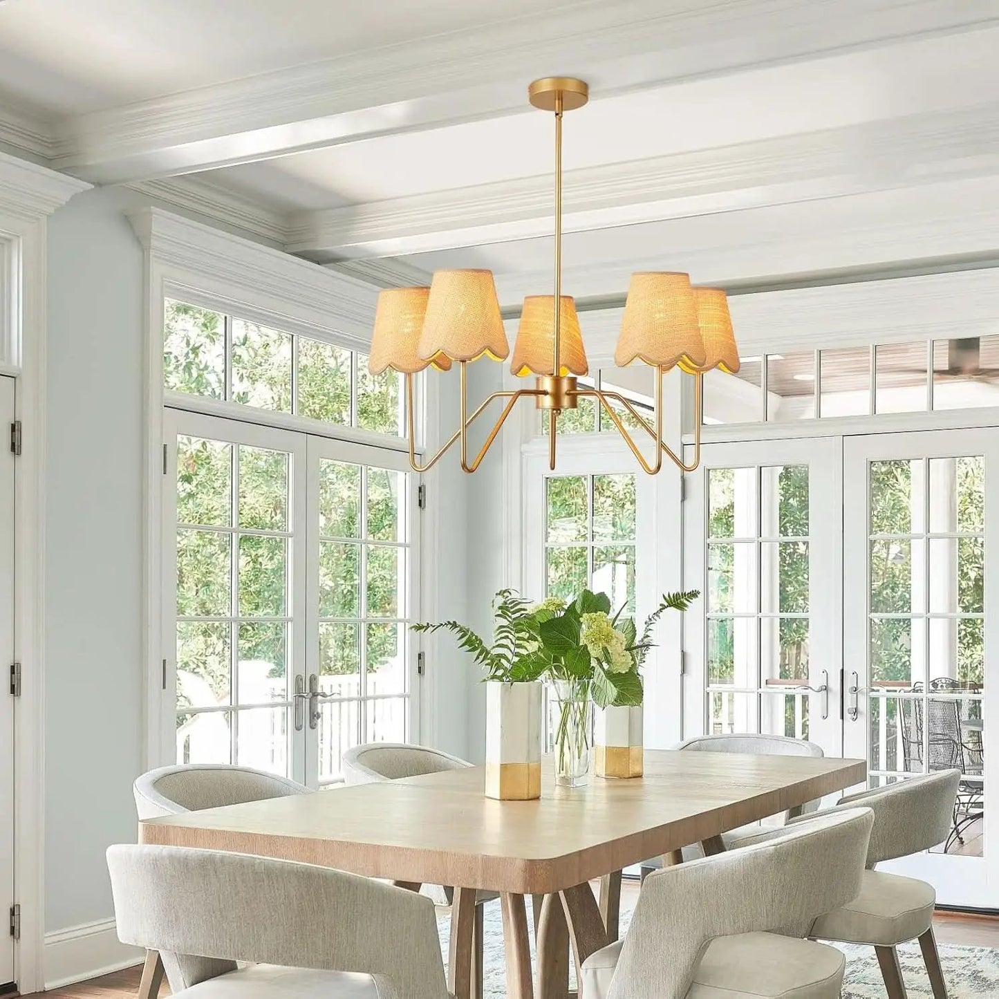 28 Inch Rattan Chandelier Antique Brass Five Light Pendant With Flower Shade Lamps from PriceLows™