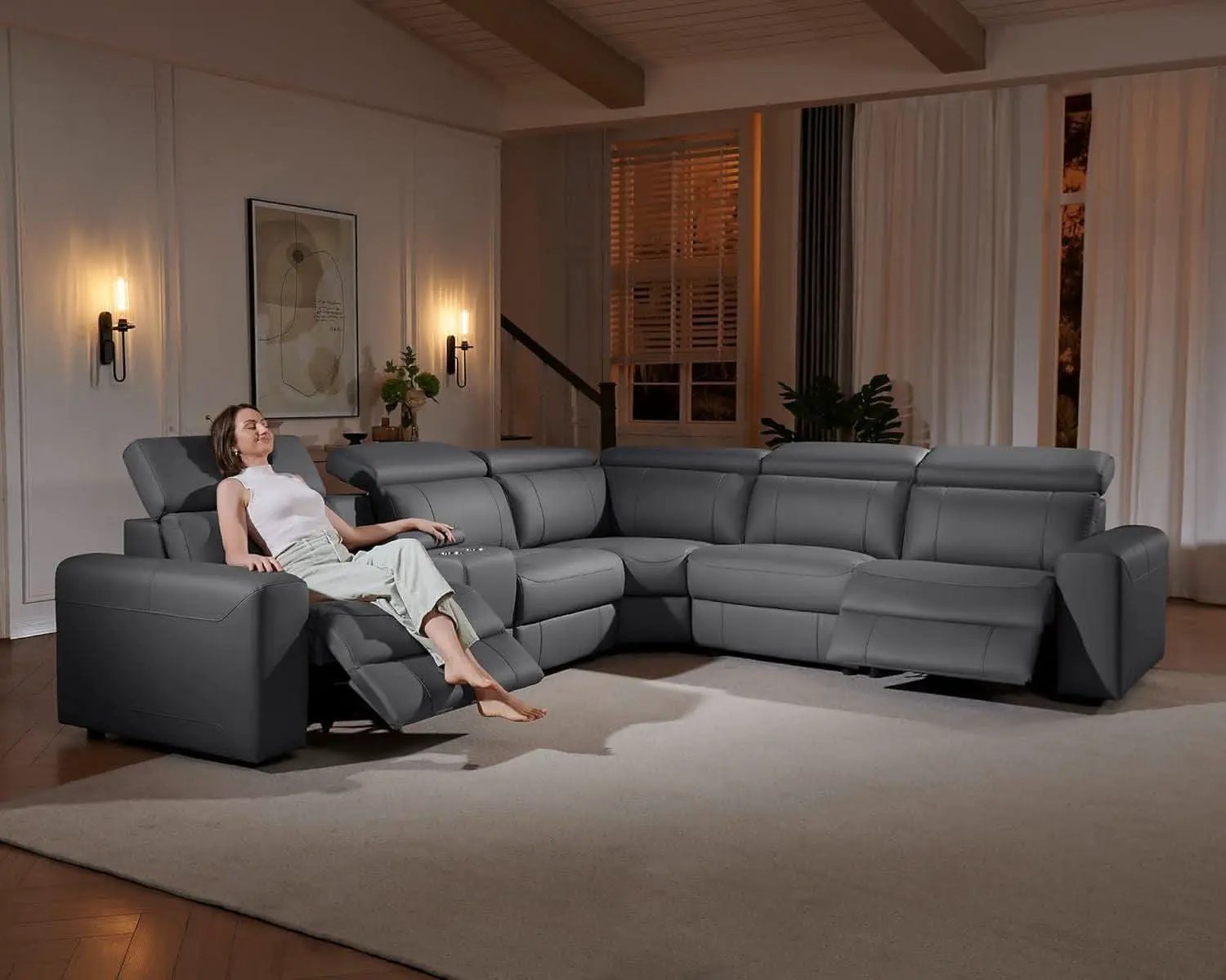 Grey Leather Power Recliner Sofa With Center Console from PriceLows™