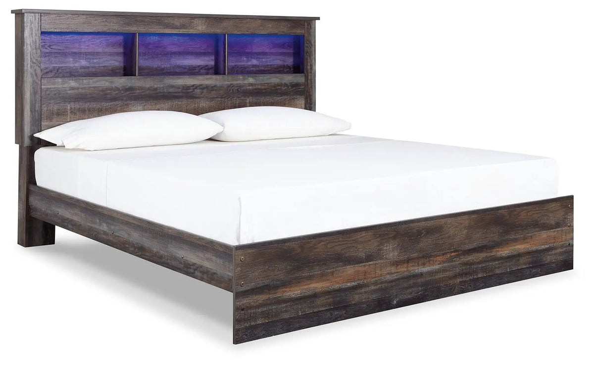Drystan Panel Bookcase Bed | Storage Headboard | Rustic Industrial Style | 85 Inch Length