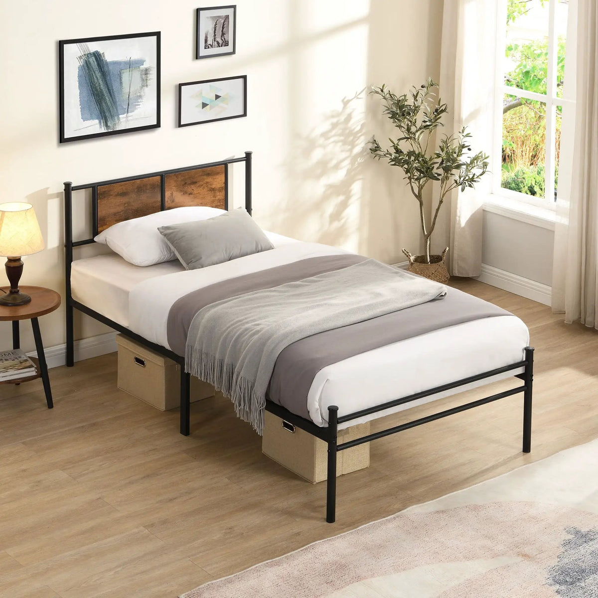 Modern Metal Bed Frame | Wood Panel Headboard | 10.8 Inch Under Bed Storage | Steel Structure