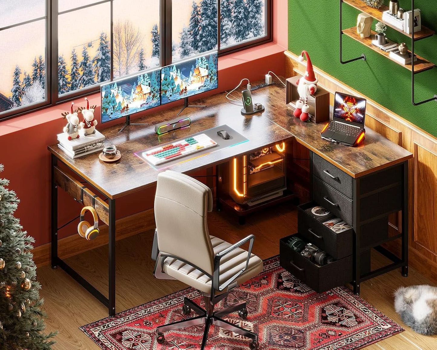 L Shaped Desk With USB Ports And 4 Drawers 53 Inch from PriceLows™