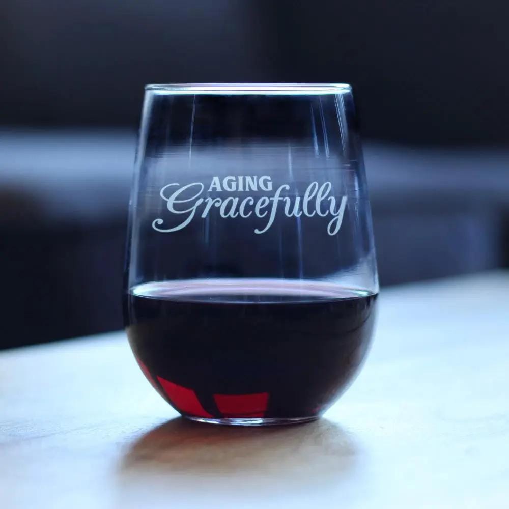 Etched Stemless Wine Glass | 17 oz | Dishwasher Safe | Aging Gracefully