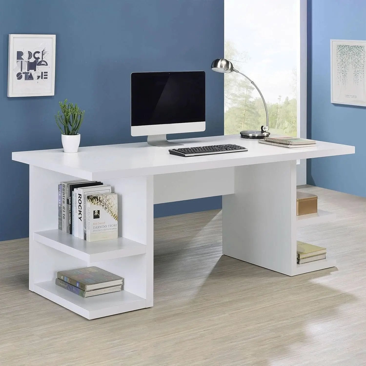 Alice 71 Inch White Modern Home Office Desk With 4 Shelves from PriceLows™