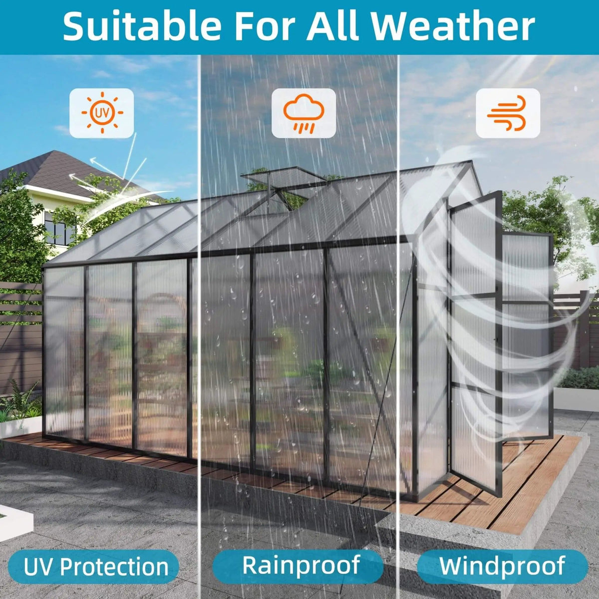 All Season Outdoor Backyard Polycarbonate Greenhouse With Raised Base & Aluminum | Aluminum | Outdoor Living Use | Outdoor Living