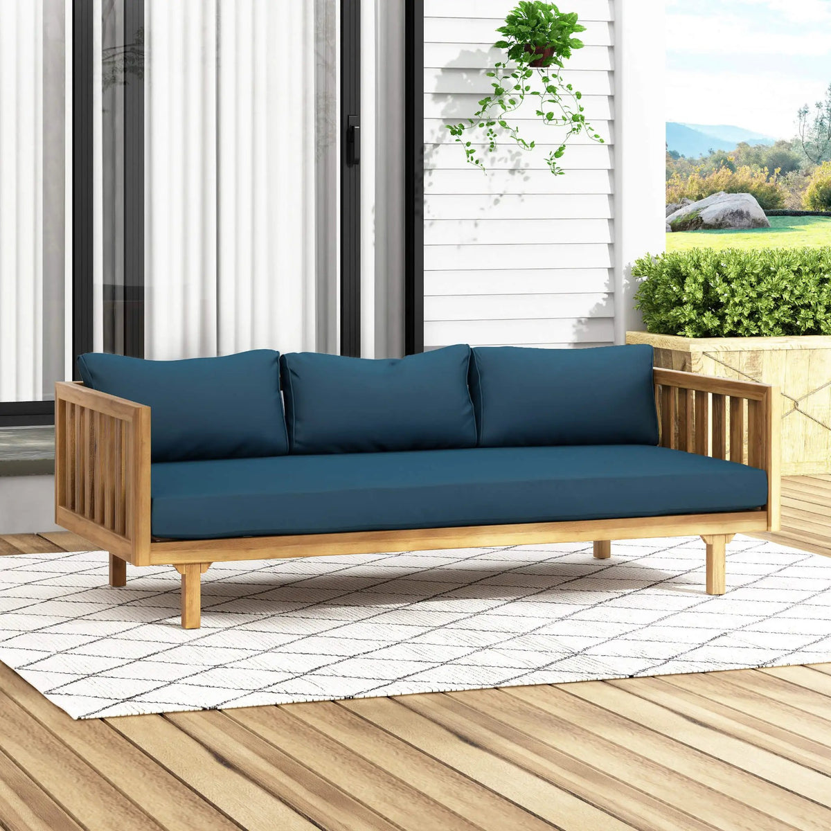 Acacia Wood Daybed Sofa | 3-Seater Outdoor Design | Water-Resistant Cushions | Open Slat Backrest
