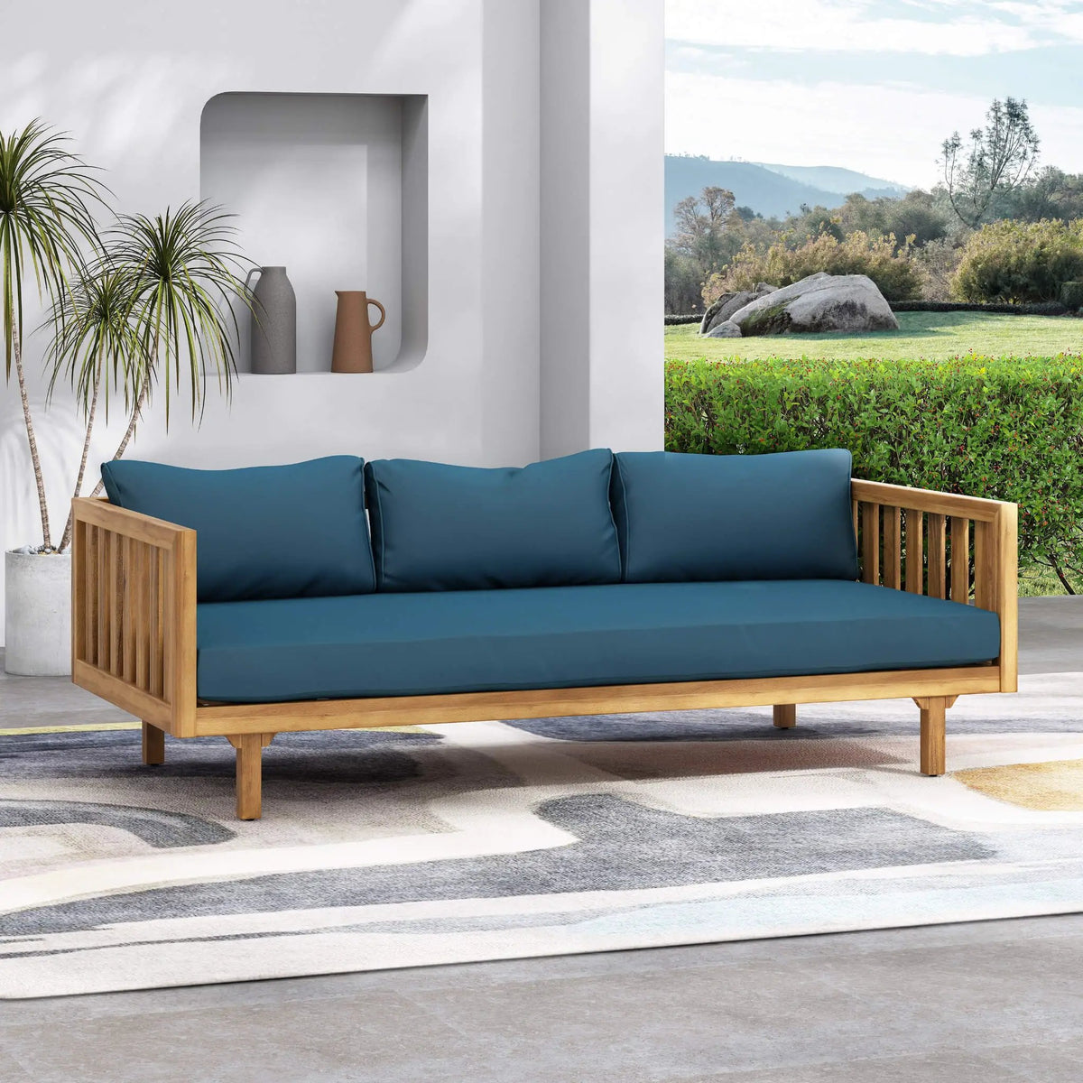 Acacia Wood Daybed Sofa | 3-Seater Outdoor Design | Water-Resistant Cushions | Open Slat Backrest