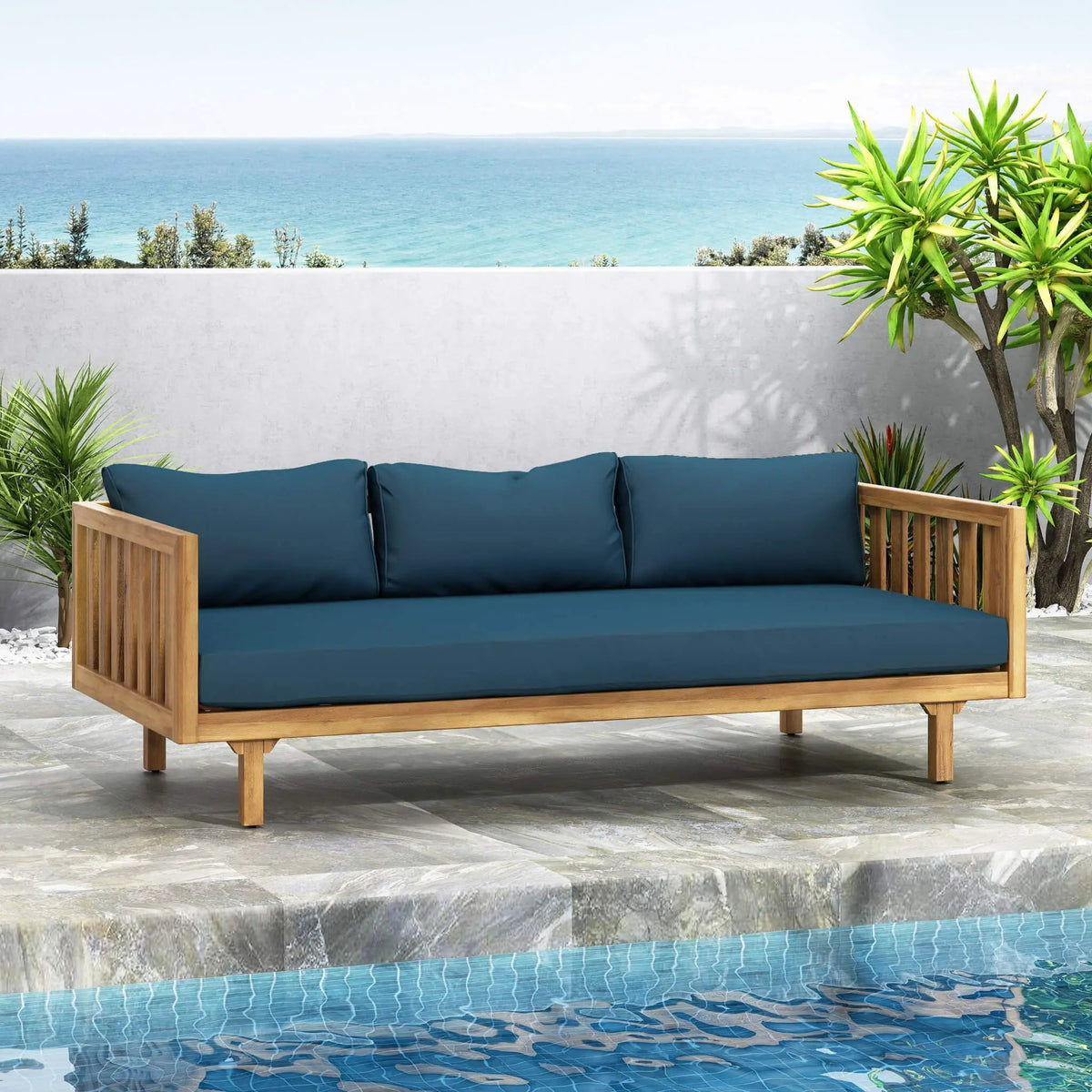 Acacia Wood Daybed Sofa | 3-Seater Outdoor Design | Water-Resistant Cushions | Open Slat Backrest
