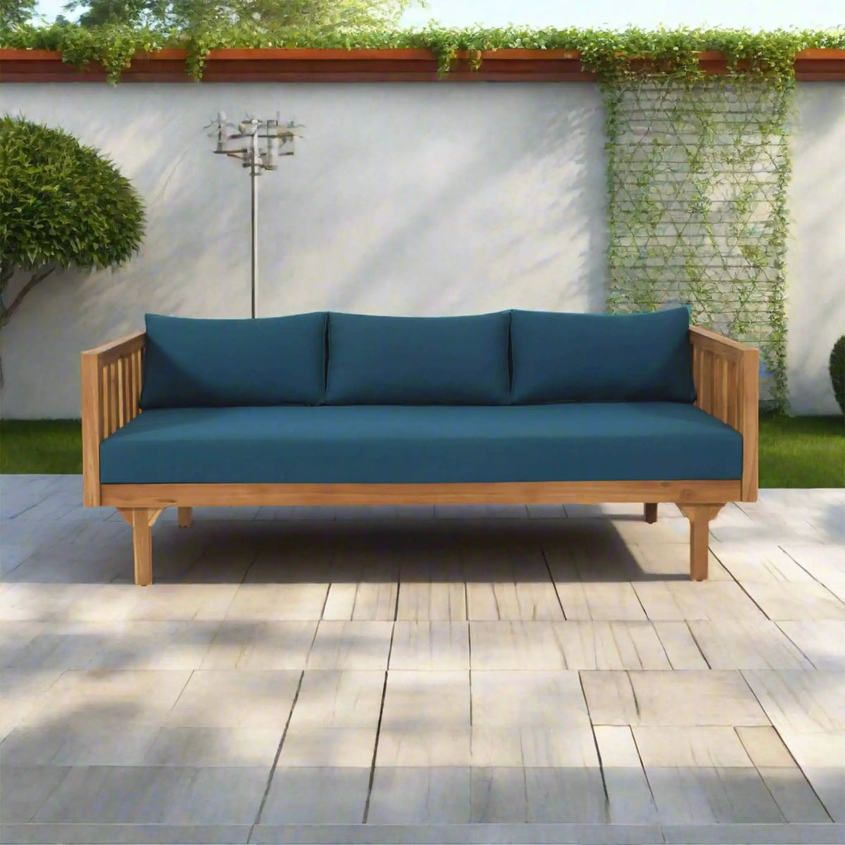 Acacia Wood Daybed Sofa | 3-Seater Outdoor Design | Water-Resistant Cushions | Open Slat Backrest