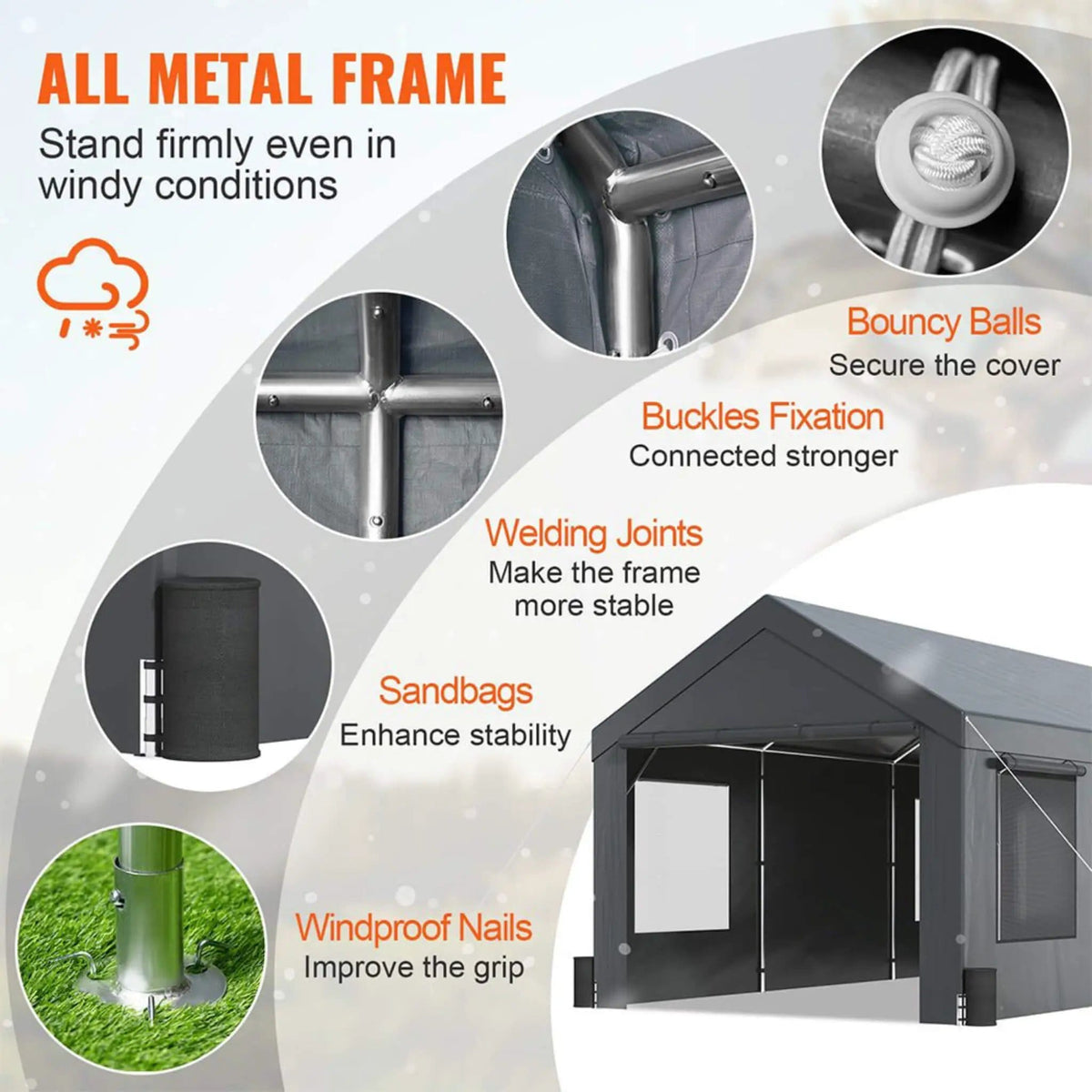 Heavy-Duty Outdoor Premium Garage Tarp Canopy Shelter W/ Removable Sidewalls | Steel | Carport | Outdoor Living