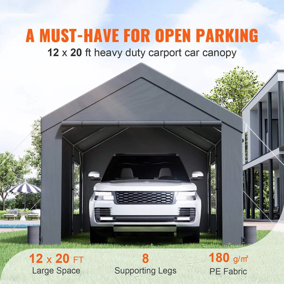 Heavy-Duty Outdoor Premium Garage Tarp Canopy Shelter W/ Removable Sidewalls | Steel | Carport | Outdoor Living