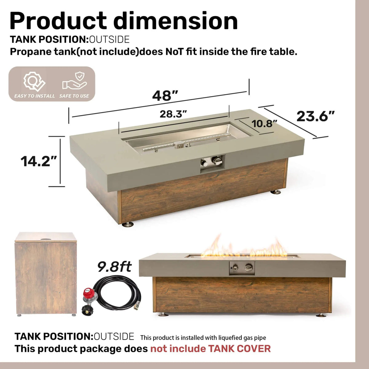 Outdoor Propane Fire Pit Table | 48 Inch Iron | Wood Grain Finish | Lava Rocks Included