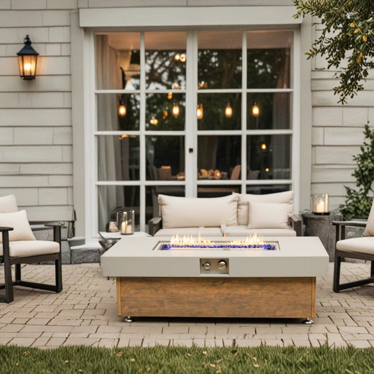 Outdoor Propane Fire Pit Table | 48 Inch Iron | Wood Grain Finish | Lava Rocks Included