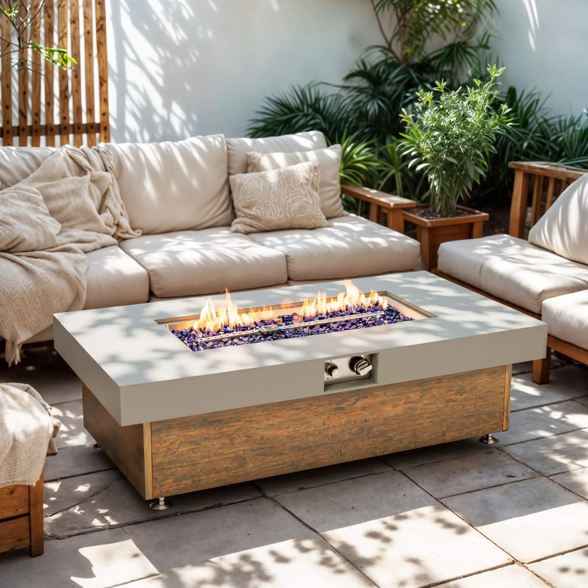 Outdoor Propane Fire Pit Table | 48 Inch Iron | Wood Grain Finish | Lava Rocks Included