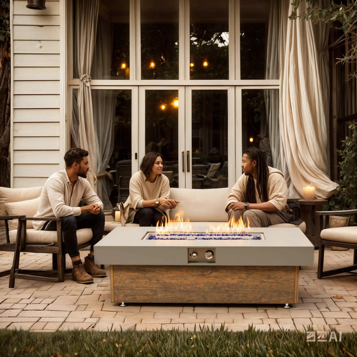 Outdoor Propane Fire Pit Table | 48 Inch Iron | Wood Grain Finish | Lava Rocks Included