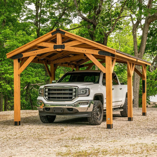 Premium All Cedar Wooden Carport Pavilion Gazebo With Sloped Hardtop Steel Roof | Steel | Home Use | Home