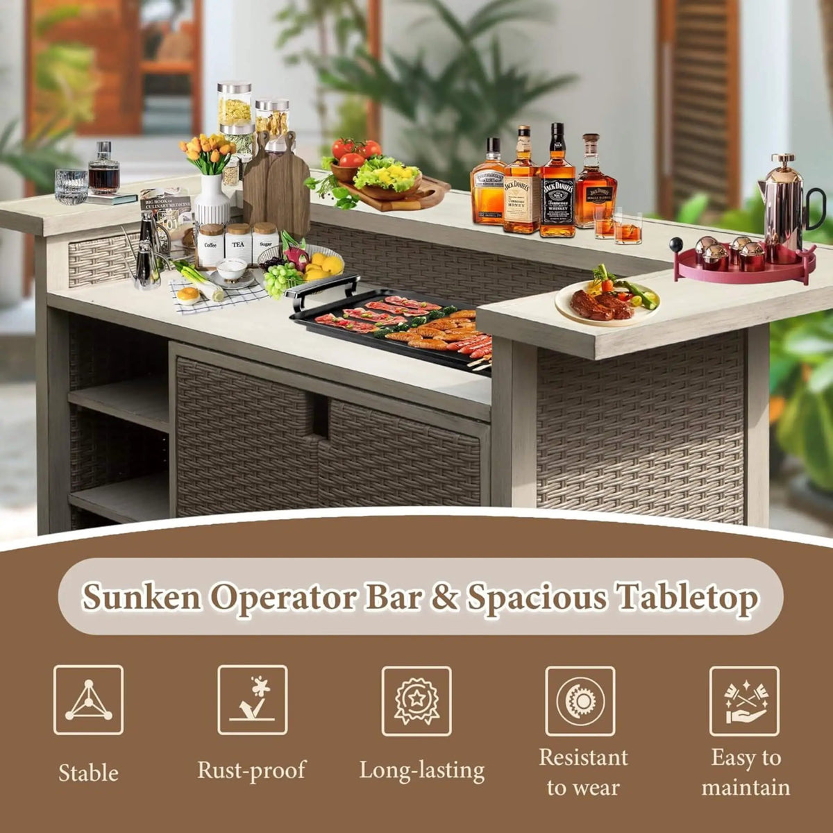 Outdoor Patio Bar Table | All-Weather Aluminum Frame | Wood-Grain Finish | 1.9 Inch Umbrella Hole