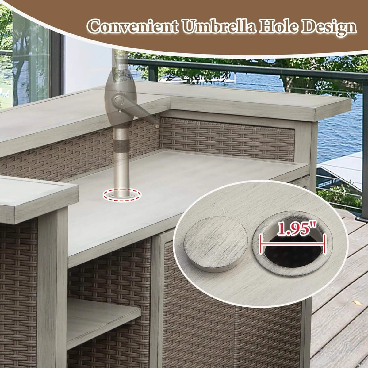Outdoor Patio Bar Table | All-Weather Aluminum Frame | Wood-Grain Finish | 1.9 Inch Umbrella Hole