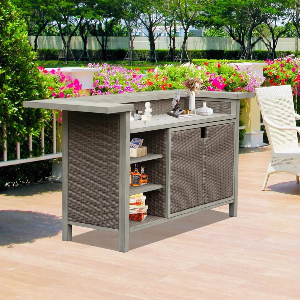 Outdoor Patio Bar Table | All-Weather Aluminum Frame | Wood-Grain Finish | 1.9 Inch Umbrella Hole