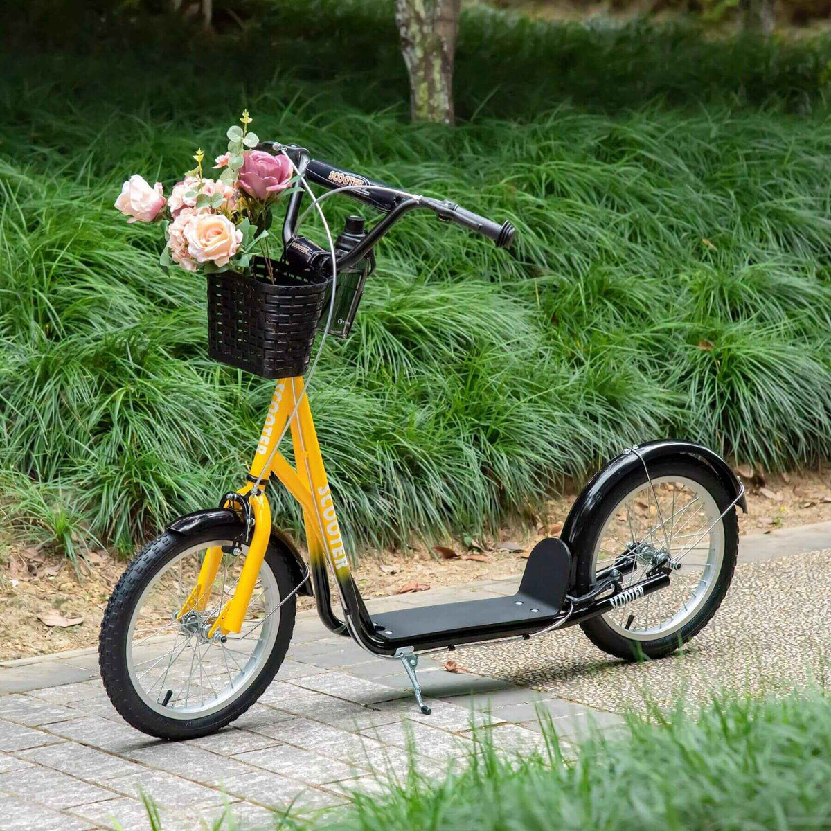 Youth Kick Scooter | Adjustable Handlebars | Plastic Basket | Yellow