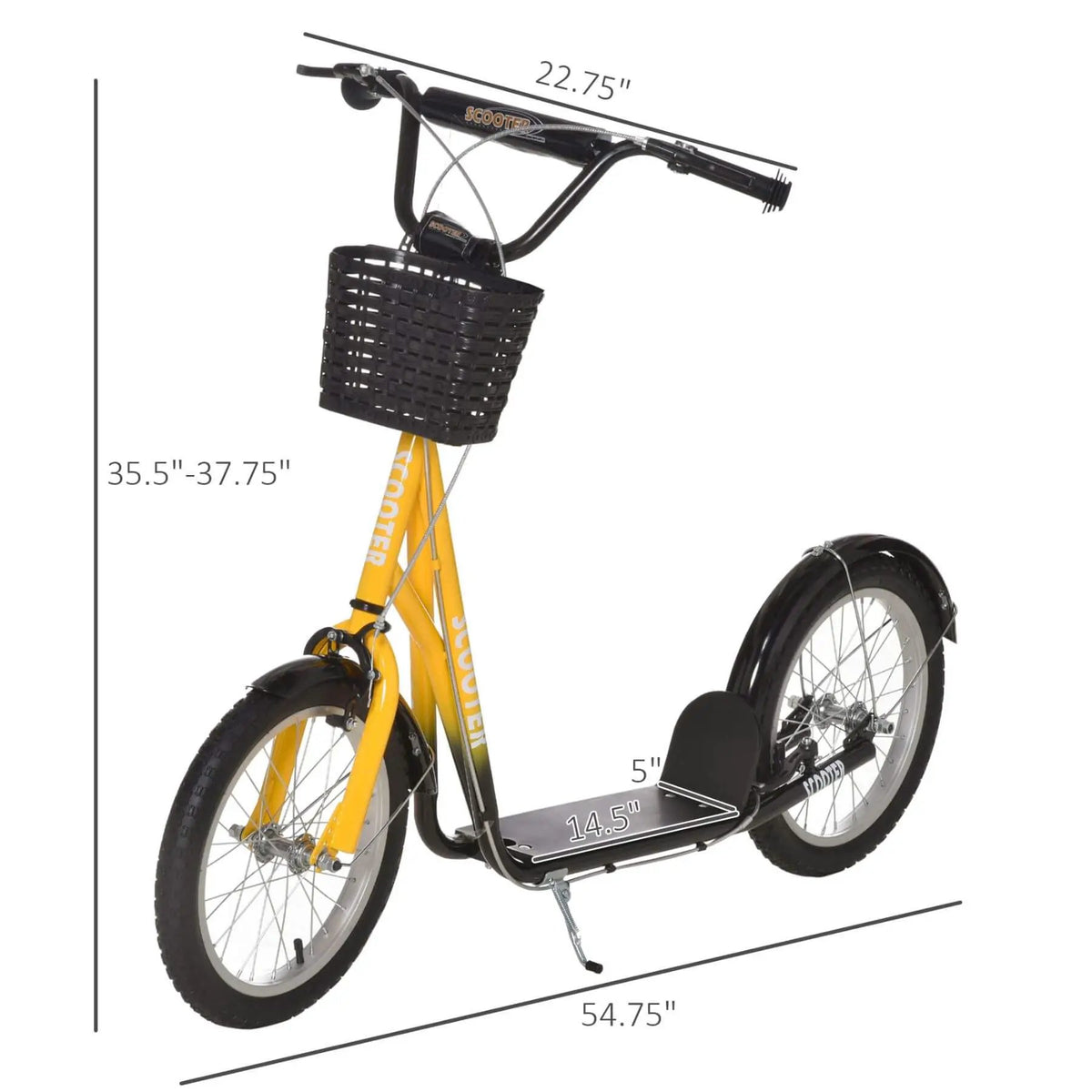 Youth Kick Scooter | Adjustable Handlebars | Plastic Basket | Yellow