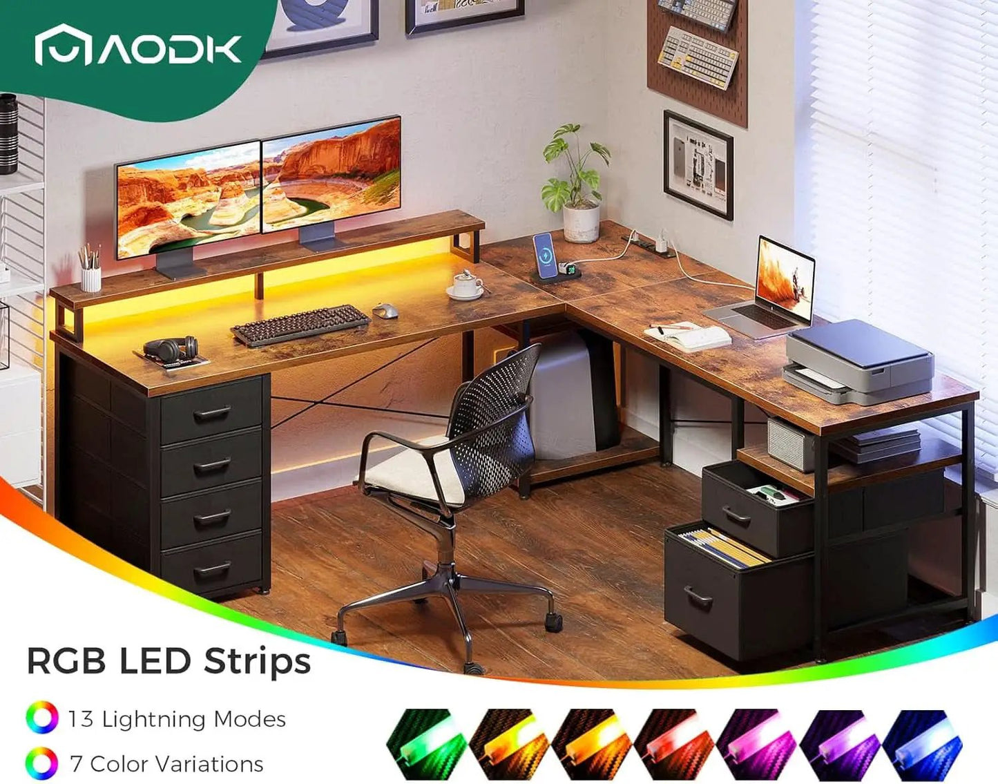 66 Inch L Shaped Desk With LED Lights And Power Outlet from PriceLows™