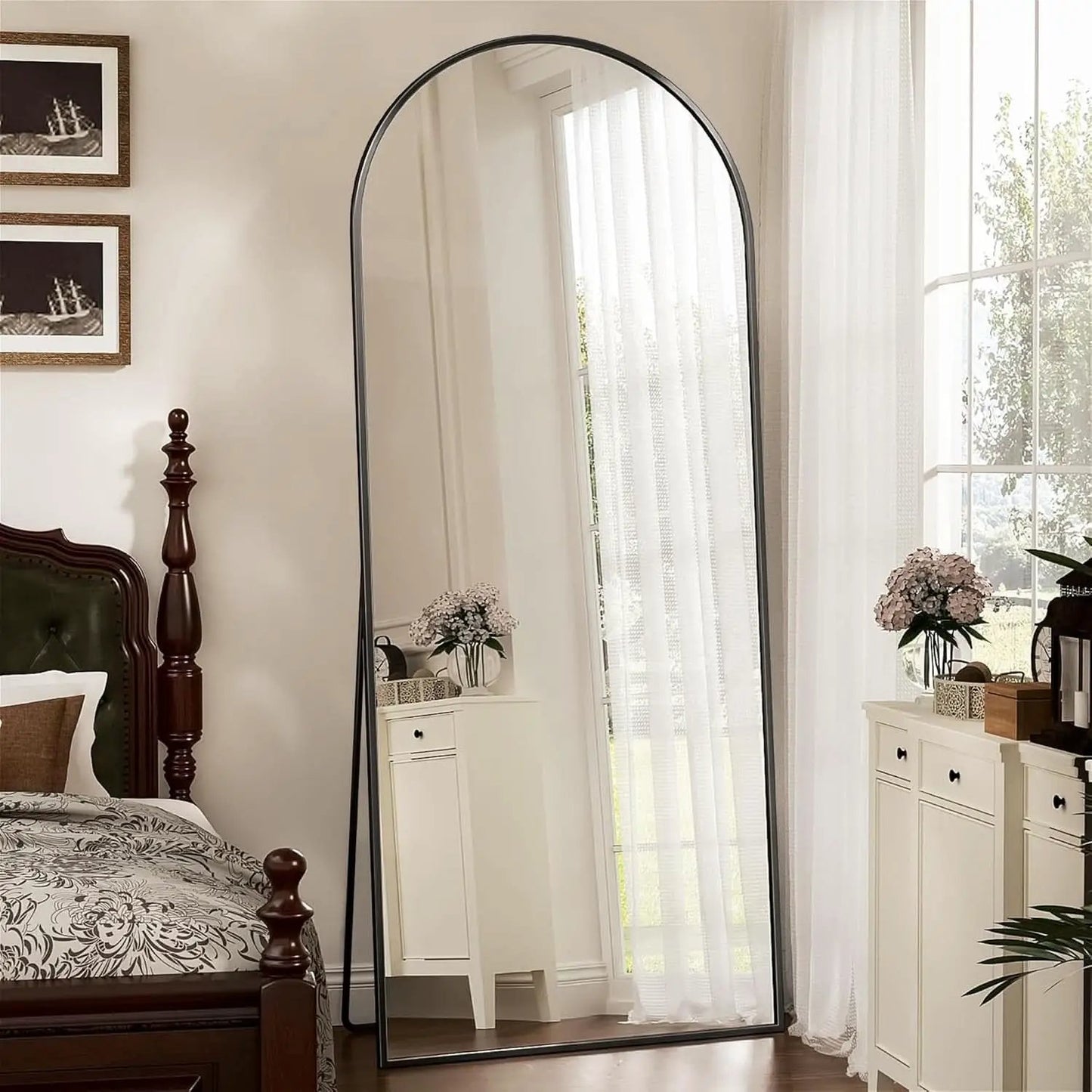 71 Inch Full Length Arched Floor Mirror Black Freestanding from PriceLows™