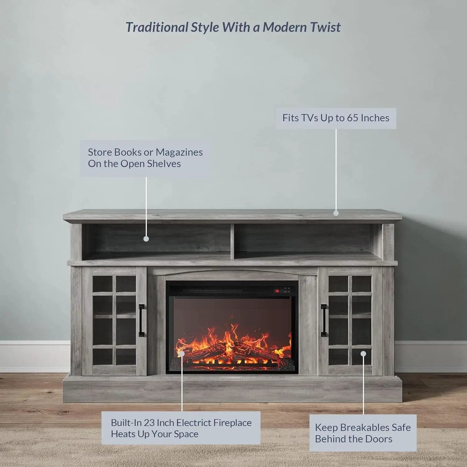 58 Inch Rustic TV Stand With Electric Fireplace And Storage from PriceLows™