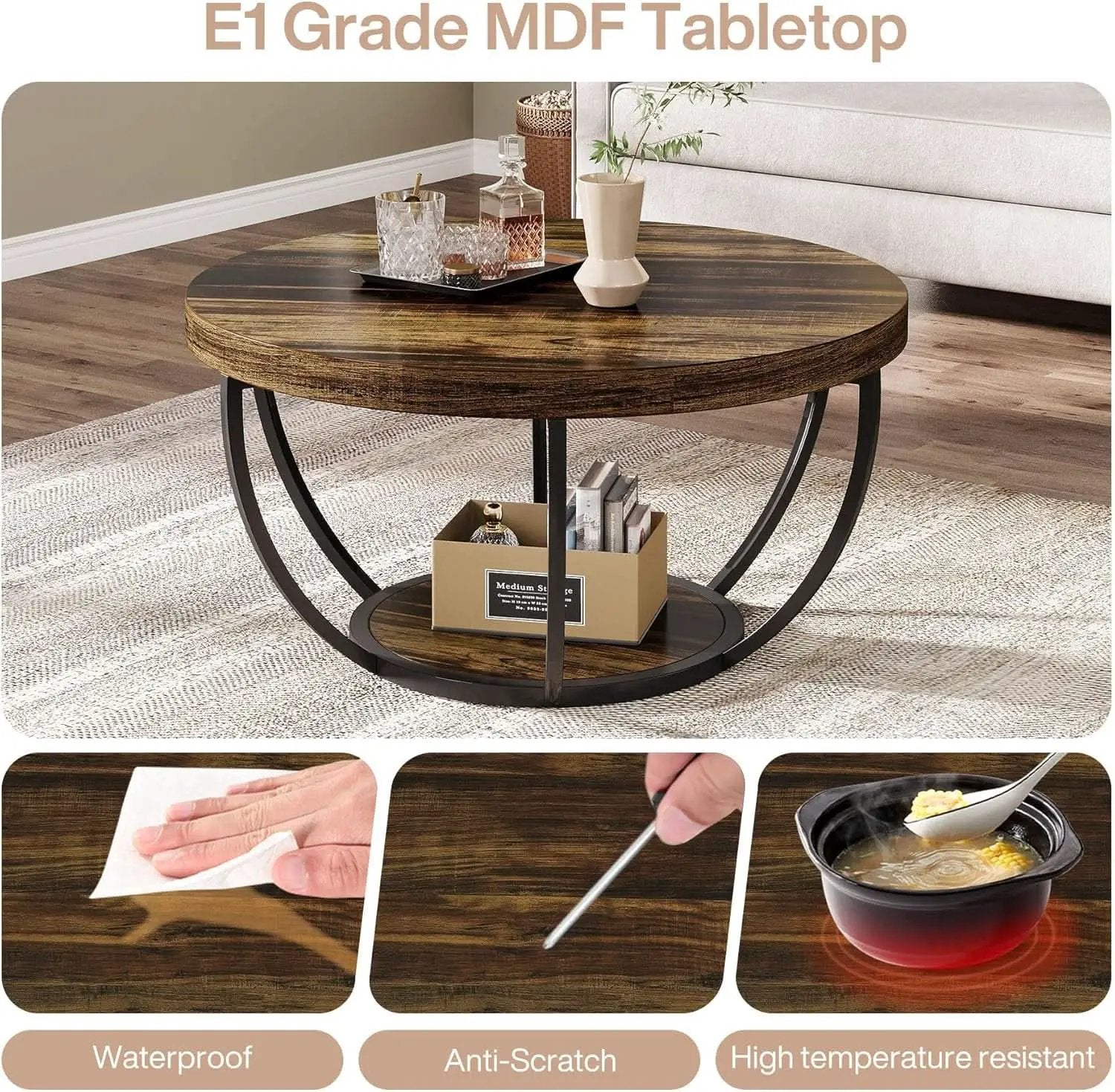 Round Coffee Table 31.7Inches Rustic Brown Storage from PriceLows™