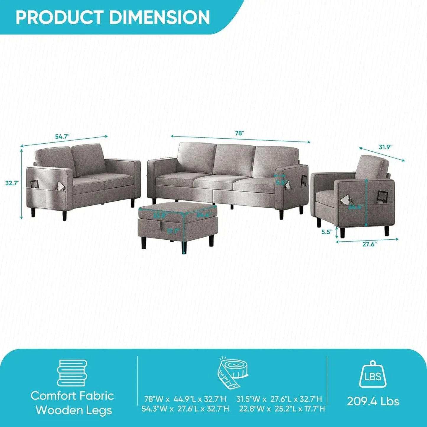 6 Seater Linen Fabric Sectional Sofa With Movable Storage Ottoman Light Grey from PriceLows™