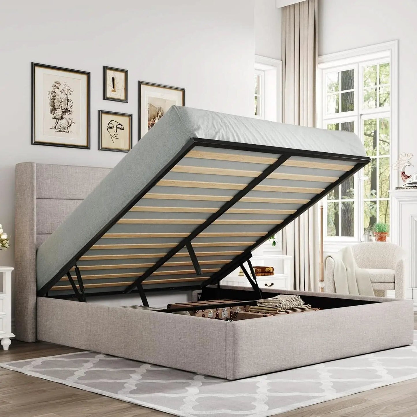 Queen Size Lift Up Storage Bed With Hydraulic Headboard from PriceLows™