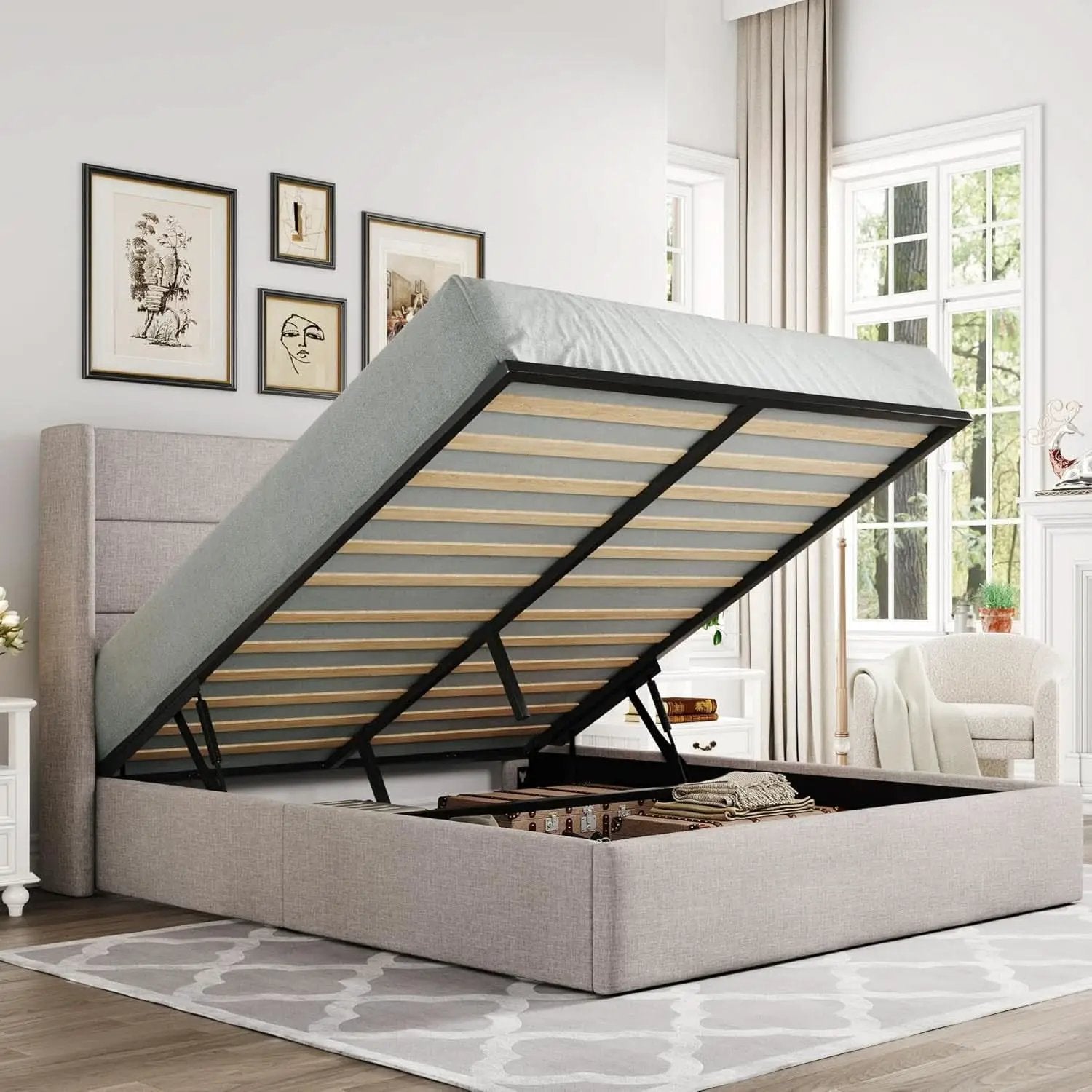 Queen Size Lift Up Storage Bed With Hydraulic Headboard from PriceLows™