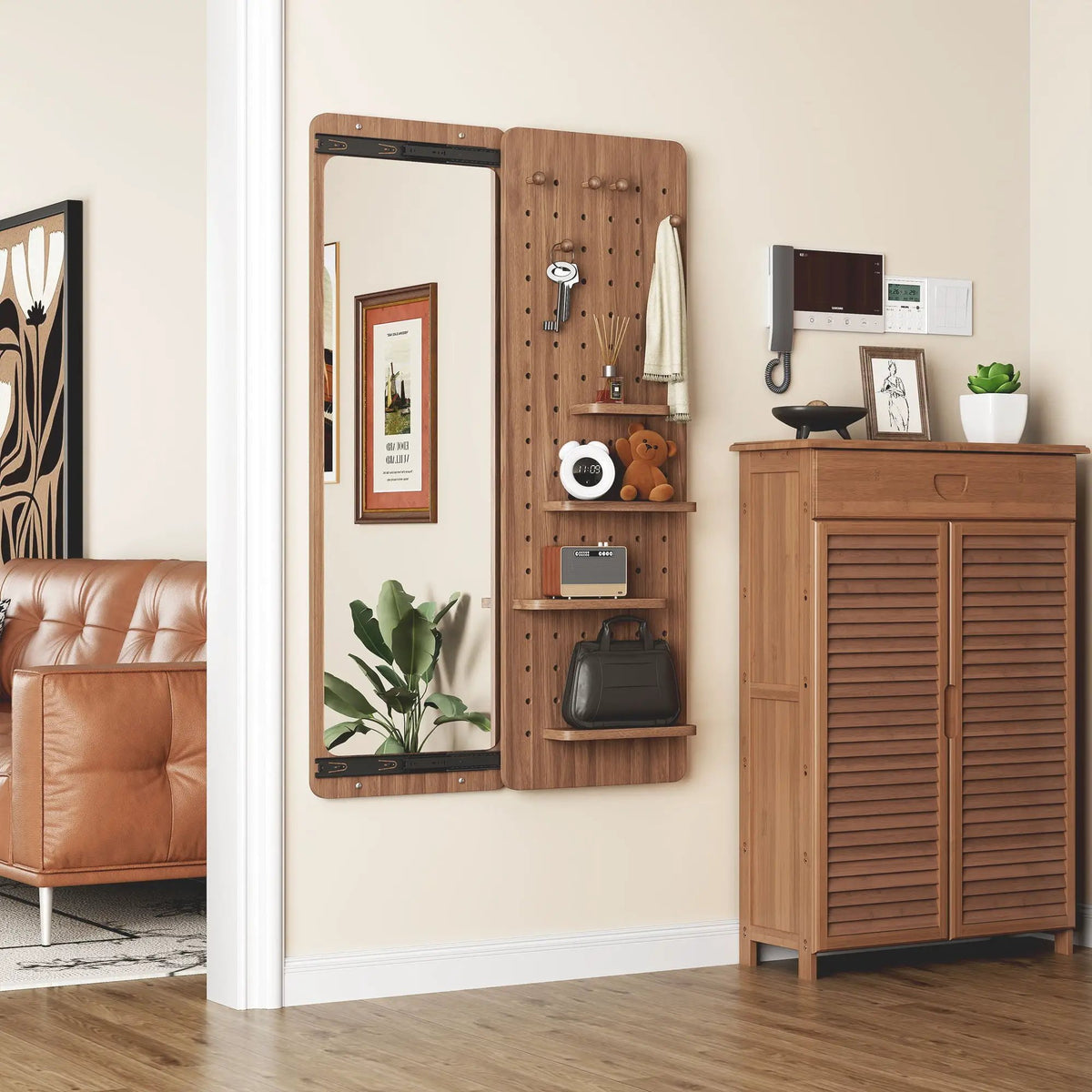 Wall Mounted Full Length Mirror | Shelf And Hook | Solid Rubber Wood | Push-Pull Removable Panel