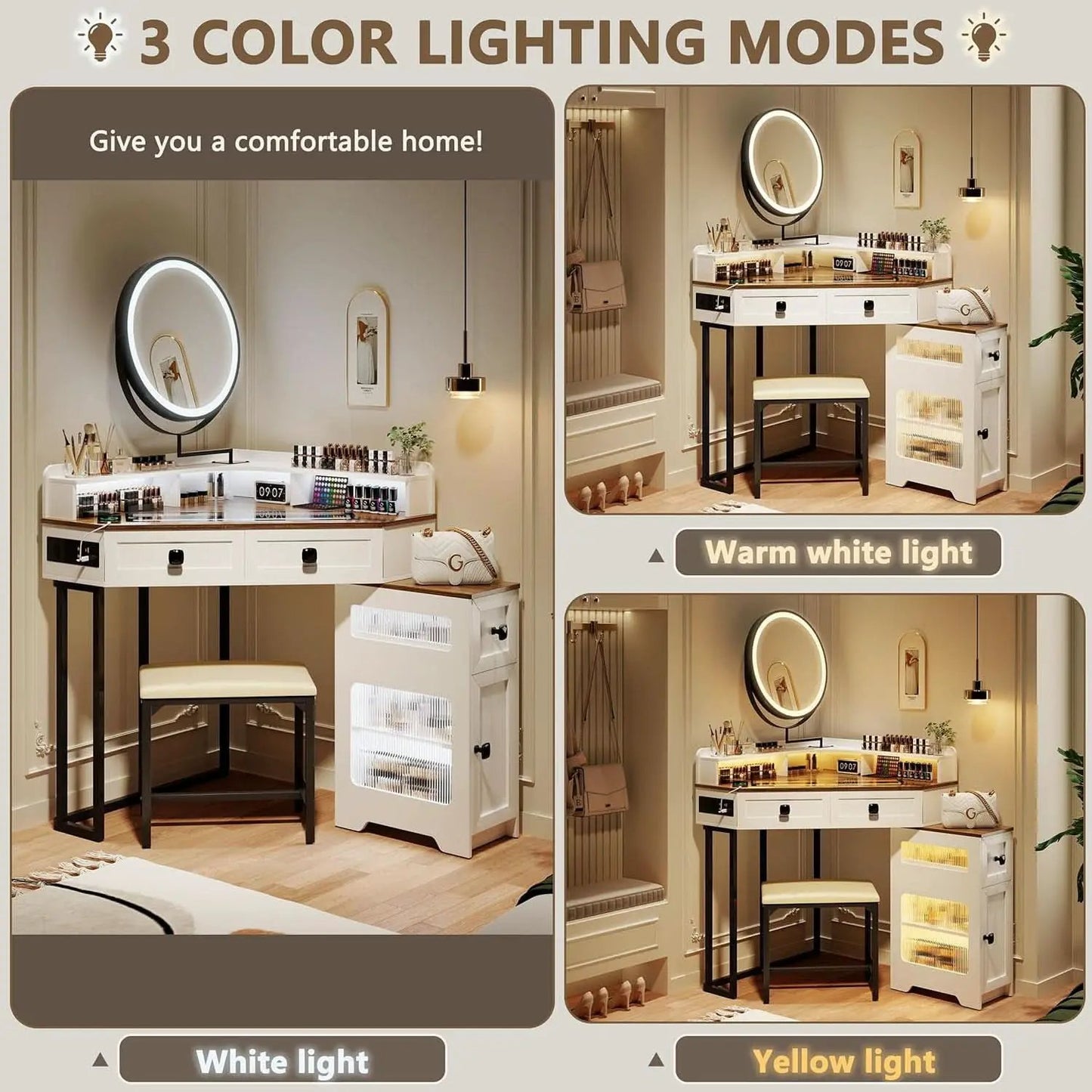 White Corner Vanity Mirror With Built In Charging Station from PriceLows™