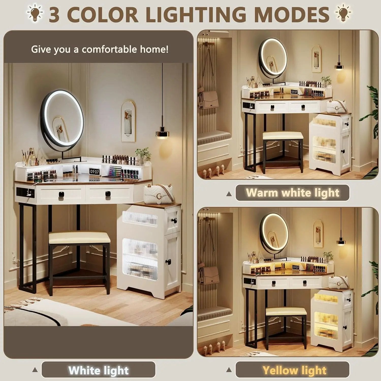 White Corner Vanity Mirror With Built In Charging Station from PriceLows™