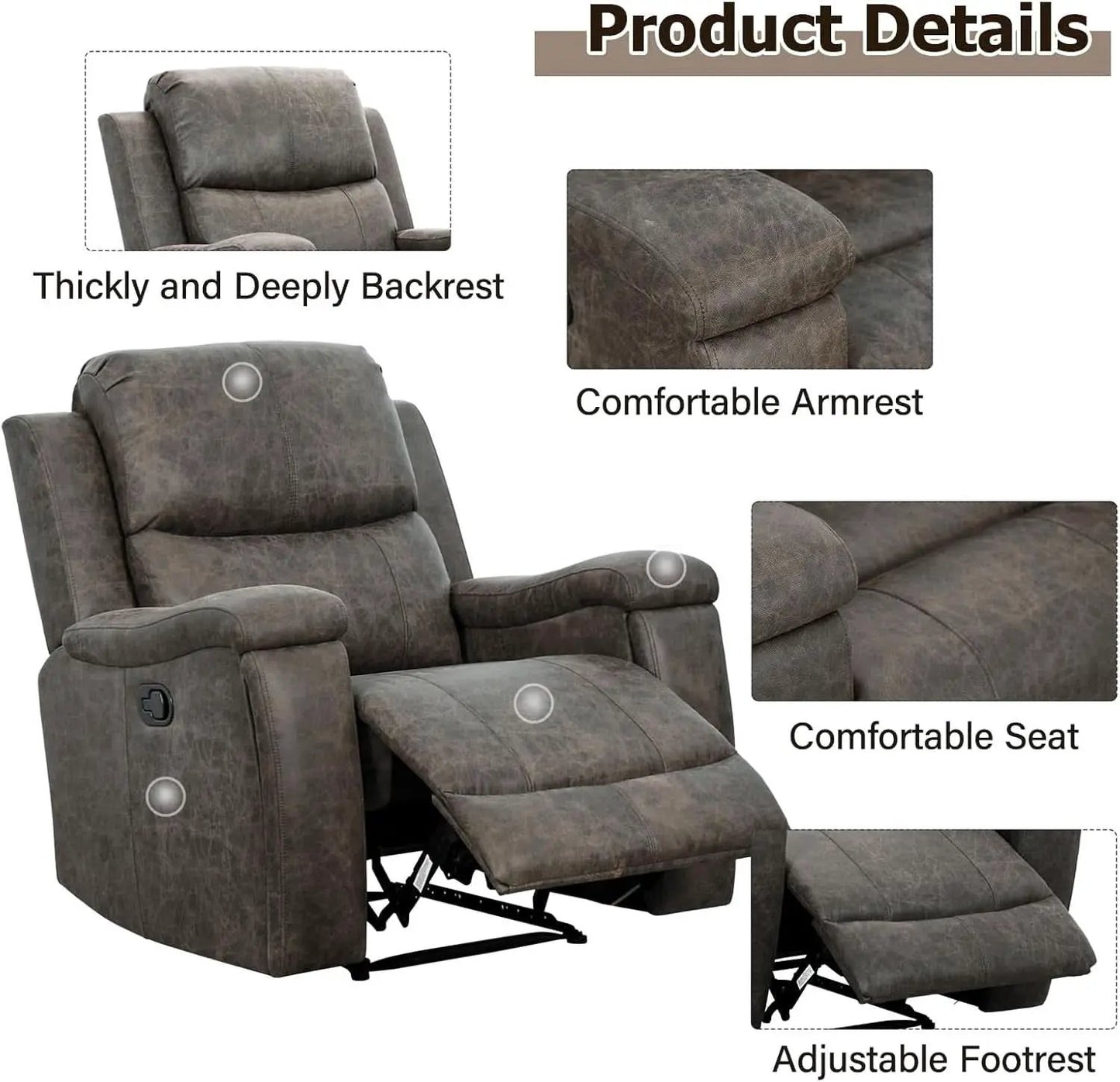 Grey Leather Recliner Chair With Cup Holders Living Room from PriceLows™