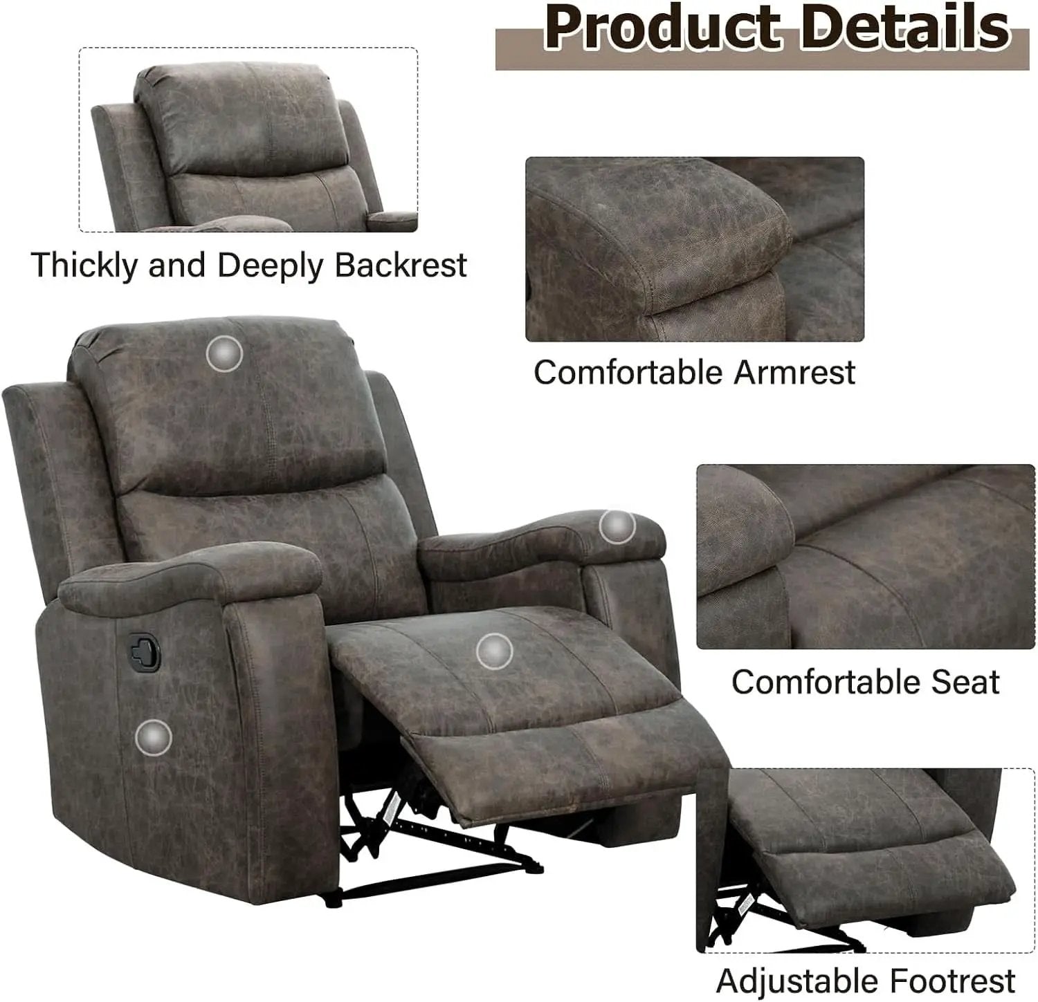 Grey Leather Recliner Chair With Cup Holders Living Room from PriceLows™