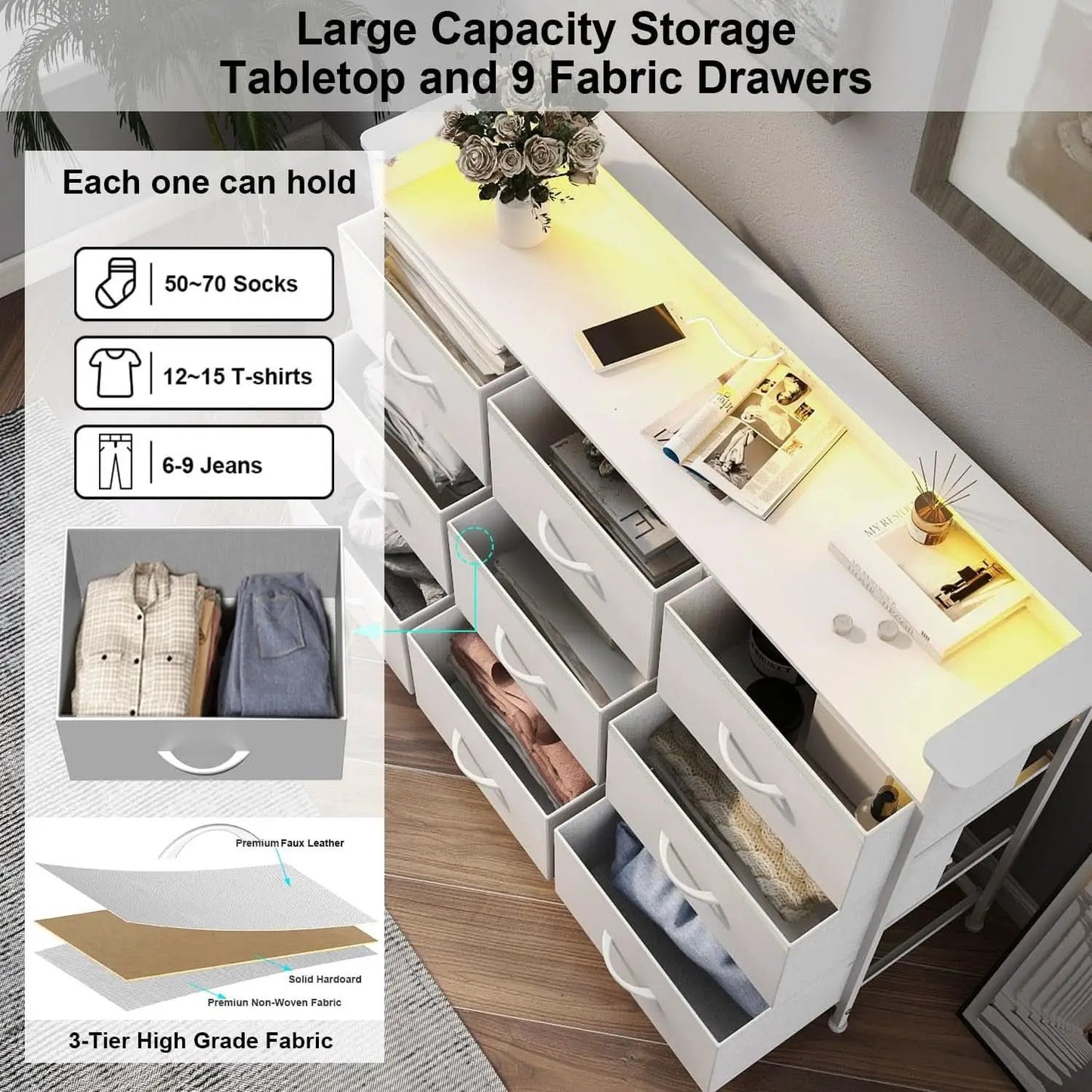 White Dresser With Integrated LED Lighting And Charging from PriceLows™