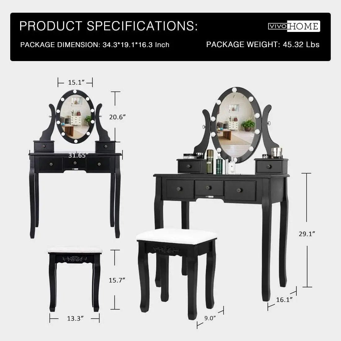 Three Color Dimmable LED Lighted Vanity Mirror Set With Built In Storage For Makeup Station from PriceLows™