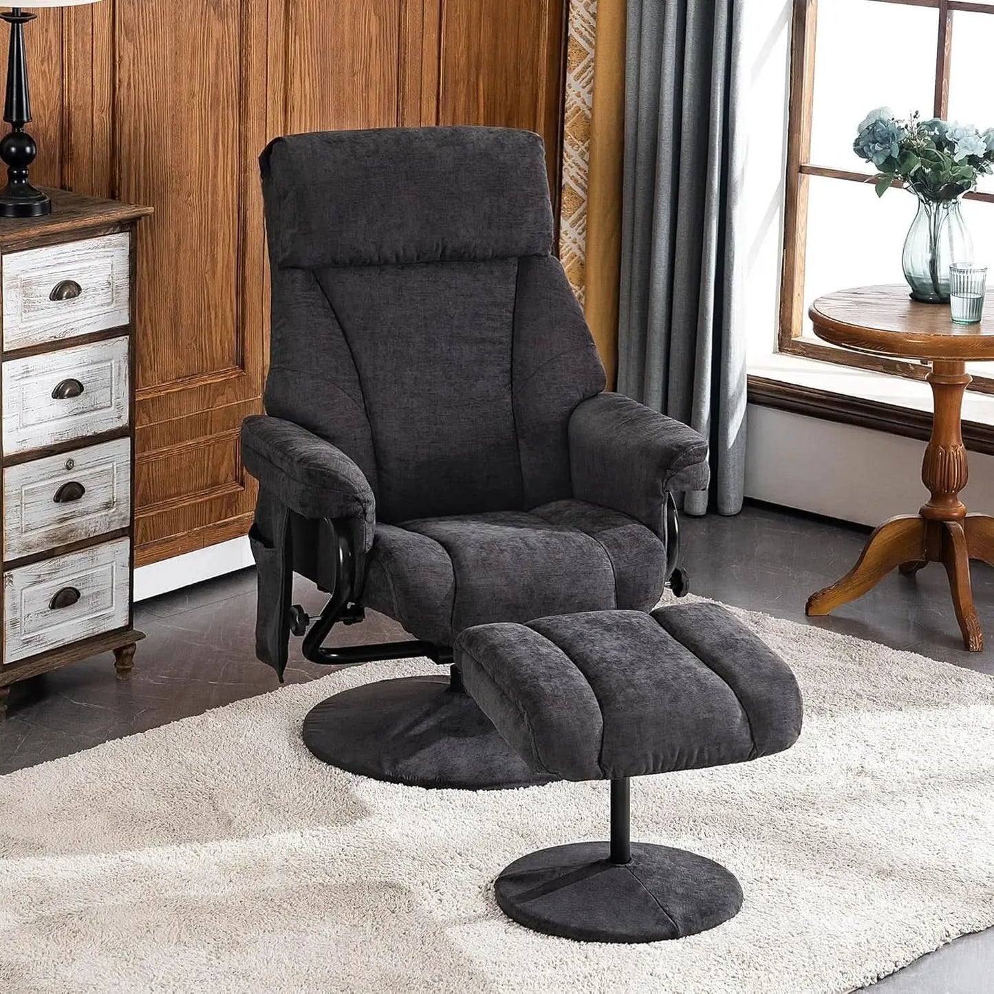Dark Grey Swivel Recliner With Ottoman Vibration Massage from PriceLows™