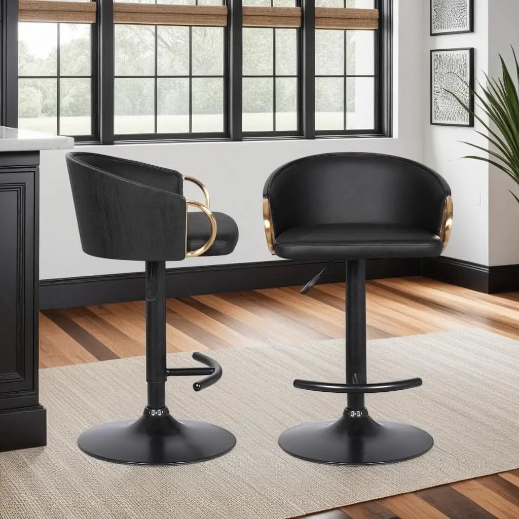 Adjustable Black Faux Leather Swivel Barstool with Gold Accents from PriceLows™