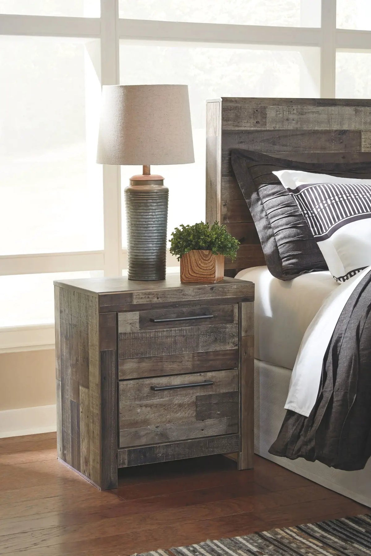 Derekson Panel Bedroom Set | 4-Piece | Rustic Butcher Block Finish | Replicated Pine Grain