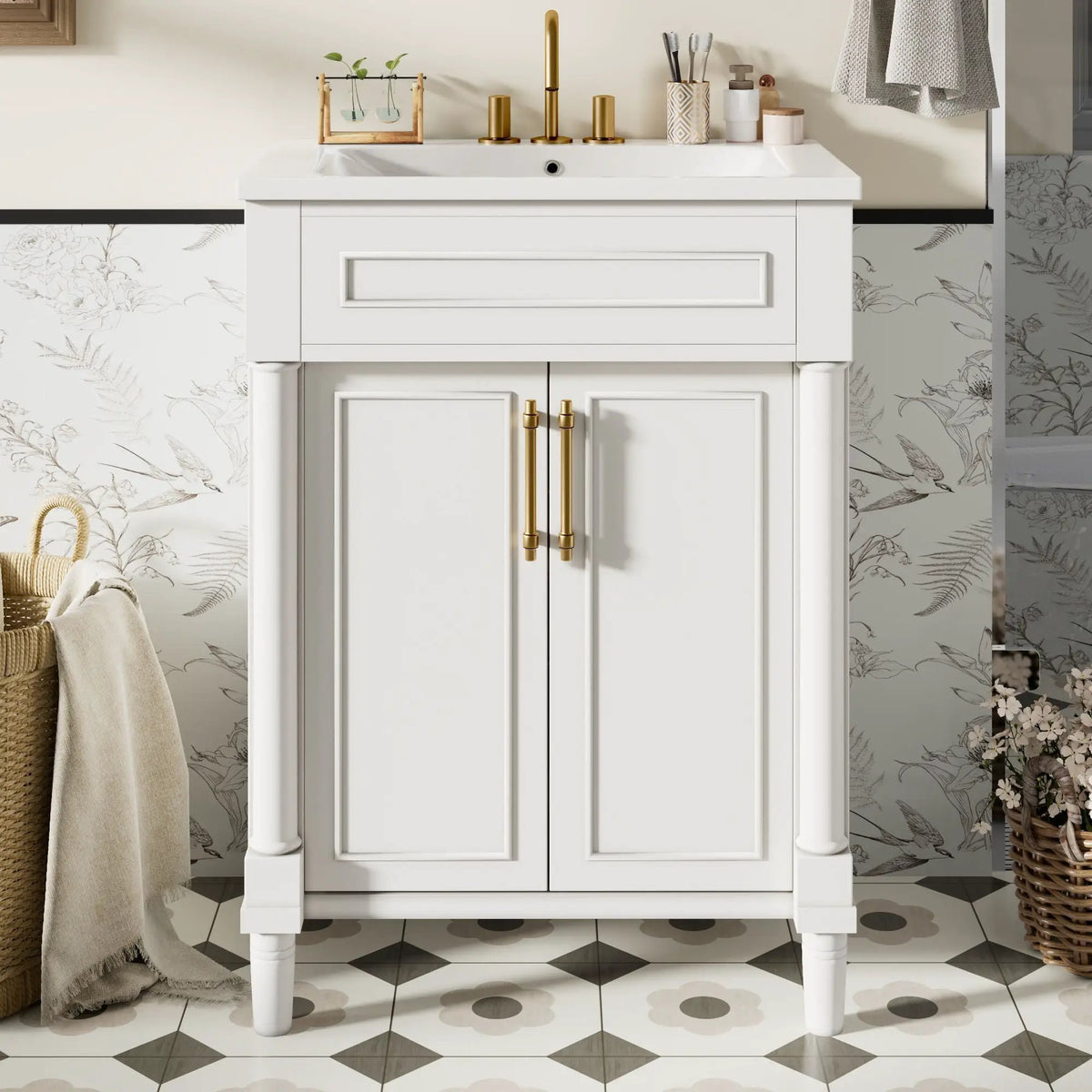 24 Inch Bathroom Vanity | Integrated Sink | 2 Door Cabinet | Small To Medium Bathrooms