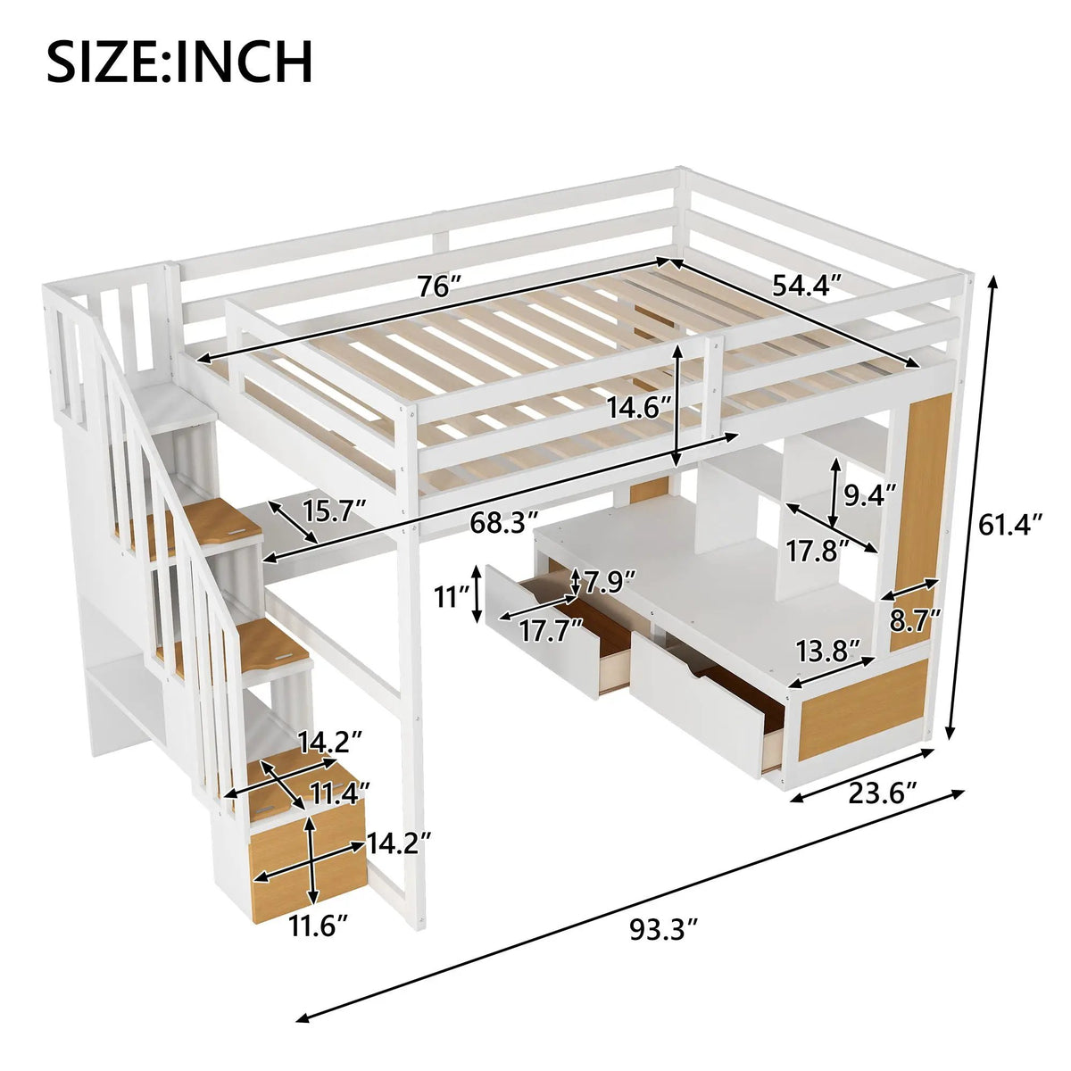 Full Size Loft Bed | Desk Shelves Drawers | Storage Staircase | Natural White