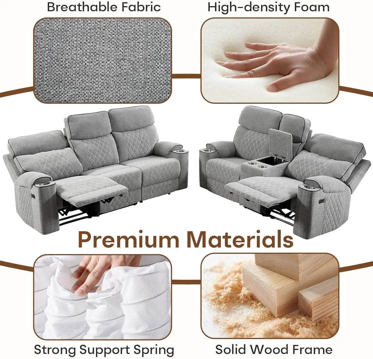 Electric Recliner Sofa USB Type C Ports Light Grey from PriceLows™