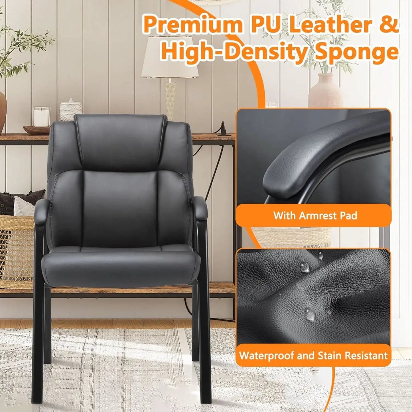 Black Leather Guest Chair 2 Pack With Padded Armrests from PriceLows™