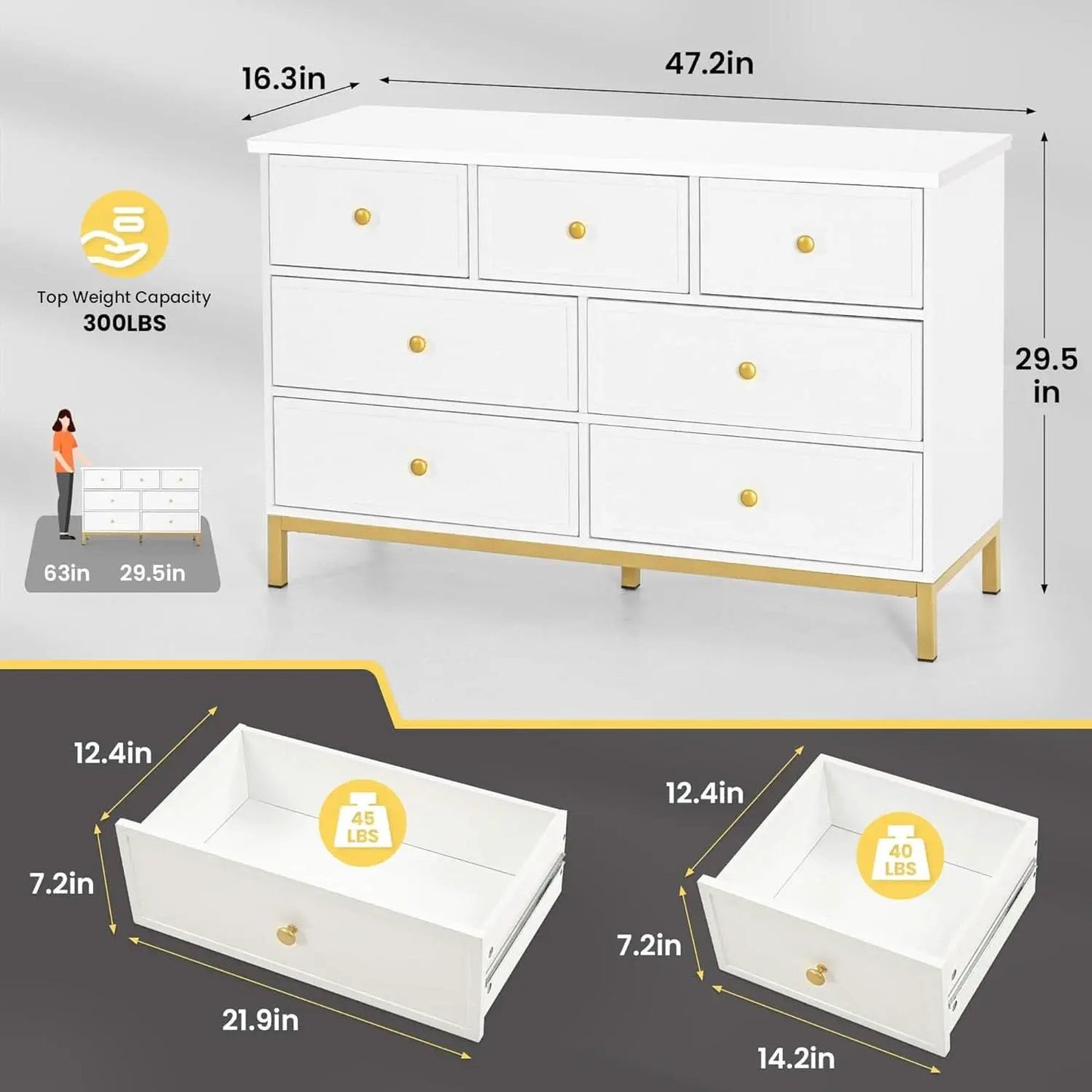 White 47 Inch 7 Drawer Dresser With Deep Drawers Storage from PriceLows™