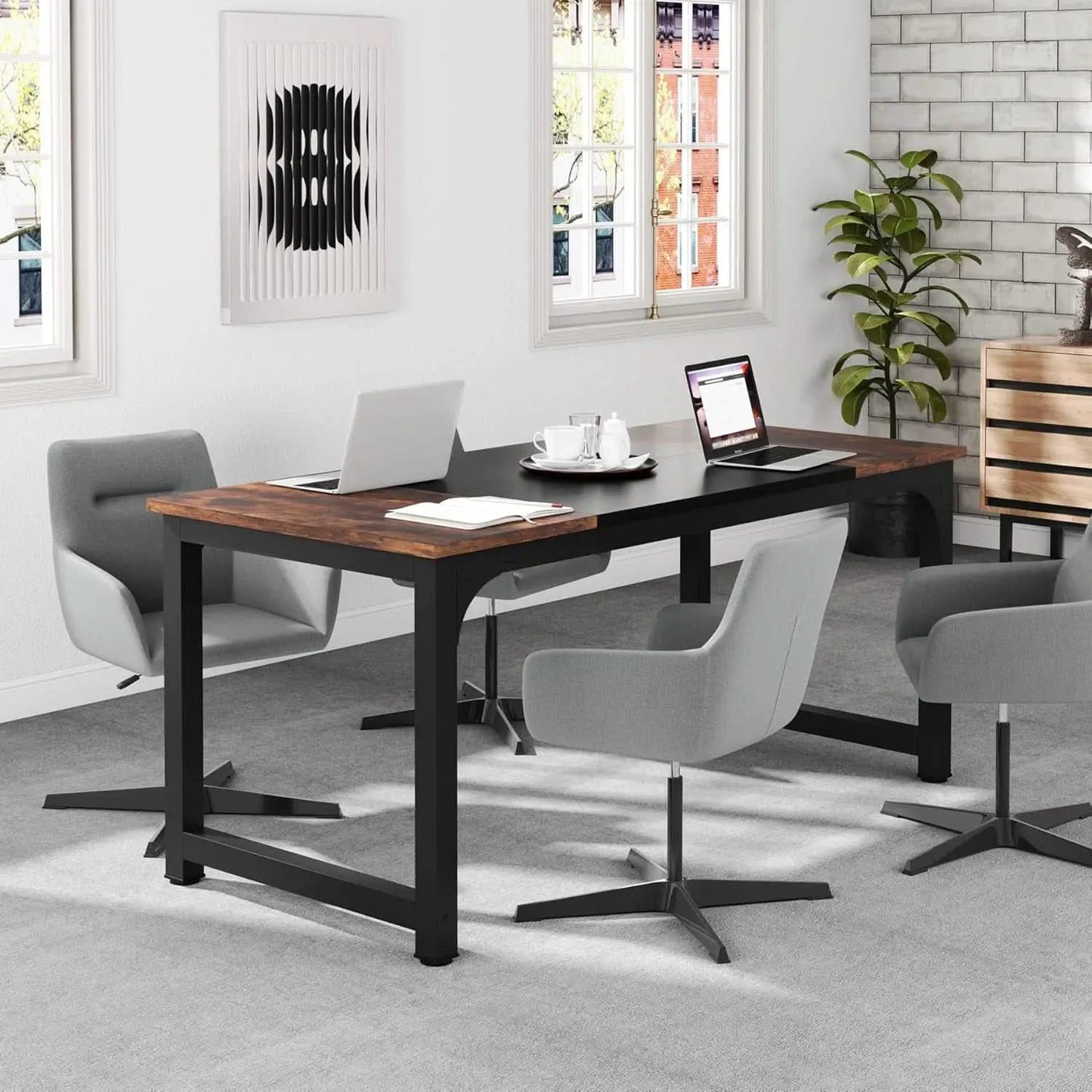 63 Inch Executive Desk Two Tone Brown Black Heavy Duty Frame from PriceLows™