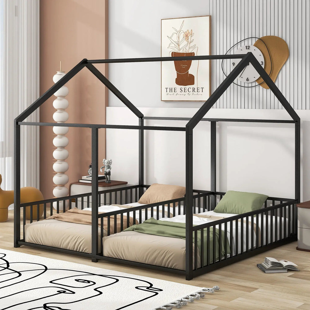 House Platform Bed | Solid Steel Frame | Twin Shared Bunks | Built In Guards